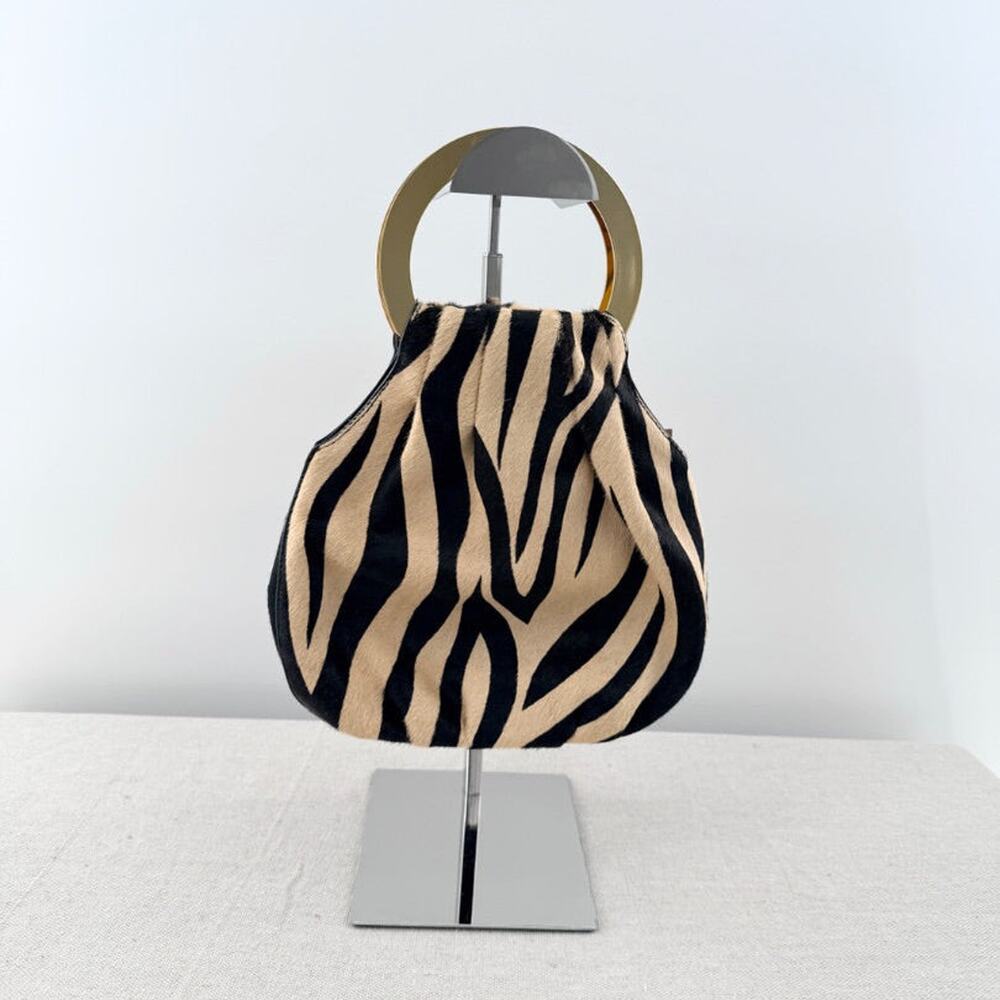 Lizzie Fortunato Zebra Print Metal Top Handle Pony Hair Small Bag